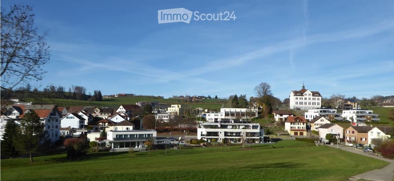 A panoramic view of a residential area with multiple houses, green fields, and a clear blue sky.