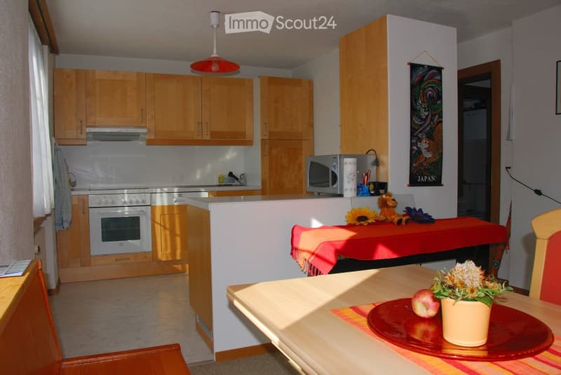 Bright kitchen with light wooden cabinets, white appliances, and a small dining area. Features include a microwave, a table with a red tablecloth, and a flower pot on the table.
