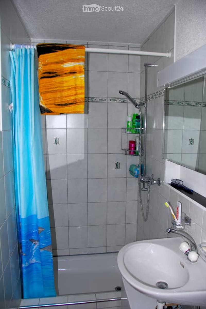 Bathroom with a bathtub, shower curtain, sink, mirror, and a shower rack holding toiletries.