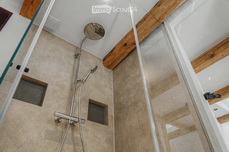 Modern bathroom shower area with a handheld showerhead, handheld hose, and a central overhead showerhead. Exposed wooden beams and a glass shower enclosure are visible.
