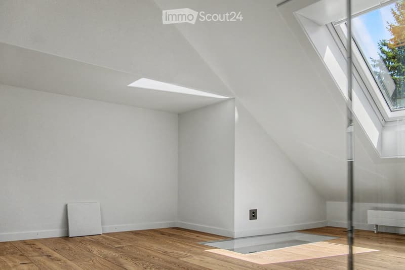 Empty attic room with wooden flooring, white walls, skylight windows, and a small radiator. No furniture or personal items present.