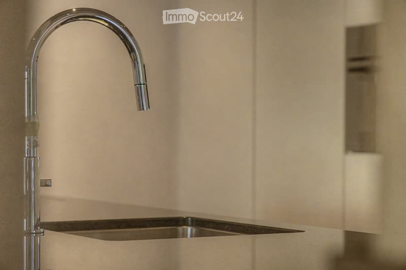 Modern kitchen sink with a sleek, curved stainless steel faucet and a minimalist design.