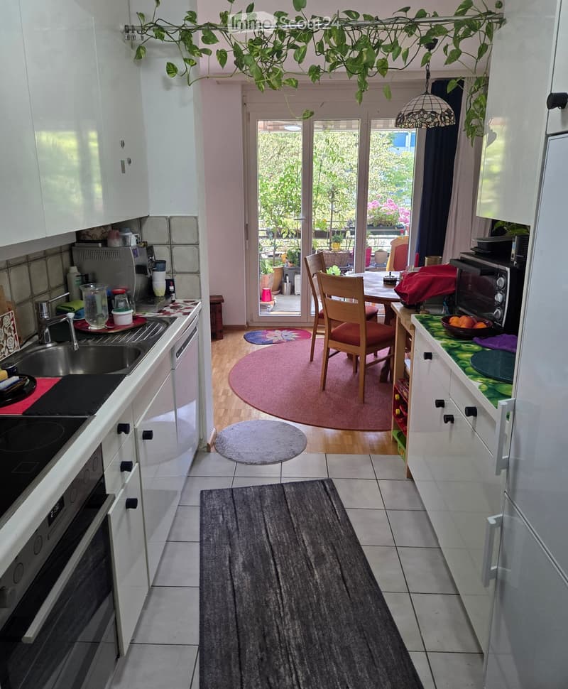 Modern kitchen with white cabinets, stainless steel appliances, and a dining area with a round table and chairs. The space features multiple rugs and a hanging plant.