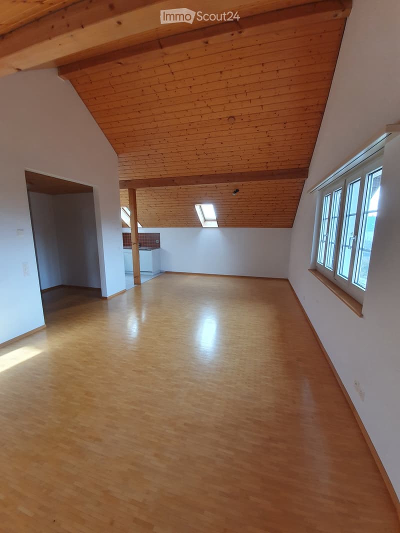 Empty room with wooden floor and slanted wooden ceiling, featuring large windows and a skylight, with a small adjacent kitchen area visible.