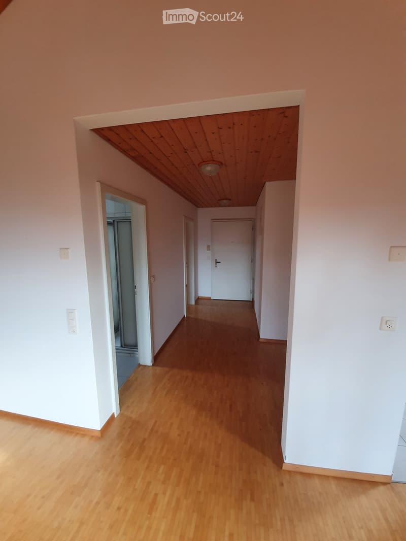 Empty hallway with light wooden flooring, white walls, and several doors leading to other rooms.