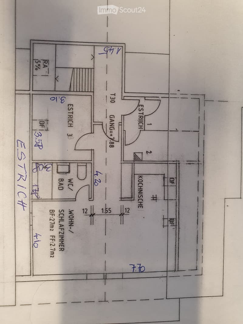 Floor plan showing a kitchen, living room, bedroom, bathroom, and hallway with labeled dimensions and room names.