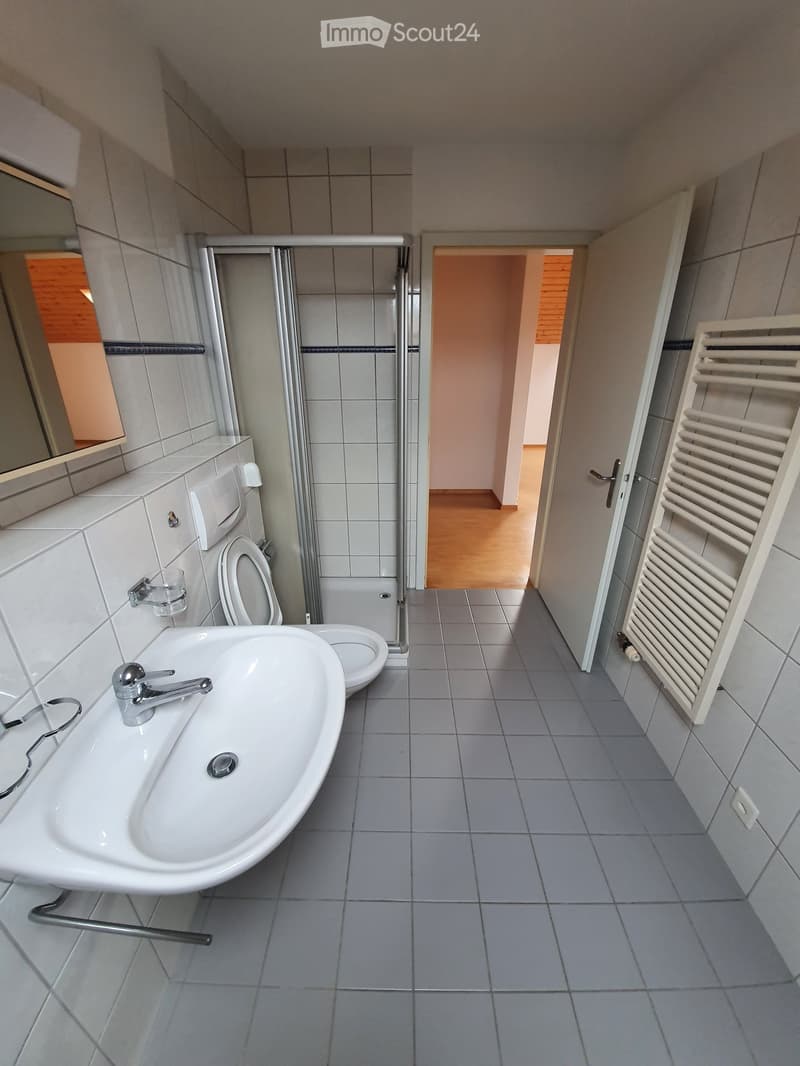Modern bathroom with a white sink, toilet, mirror, and radiator. The floor is tiled, and the walls are tiled with a shower area visible in the background.