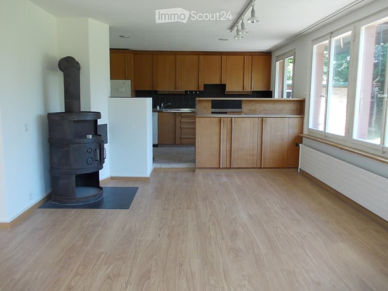 Empty room with wooden flooring, white walls, and a large wood-burning stove. The kitchen area features wooden cabinets and a countertop, but no furniture is present.