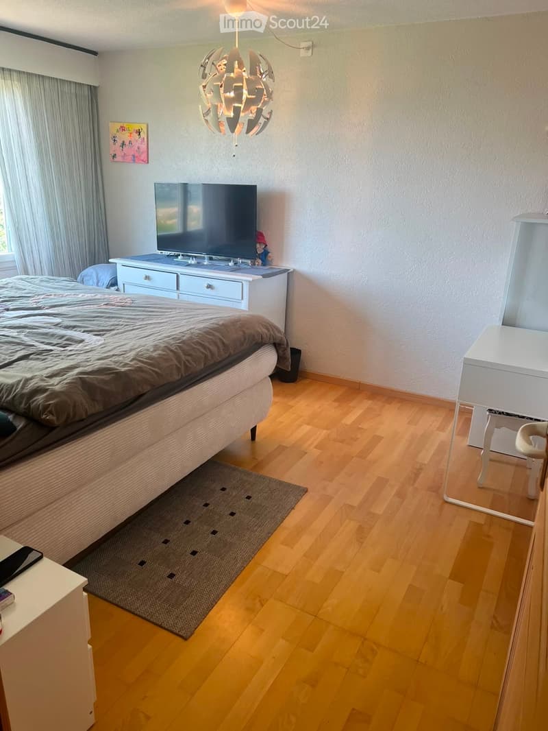Modern bedroom with wooden flooring, a large bed with grey bedding, a nightstand with a television, a white chair, a small table, and a decorative rug.