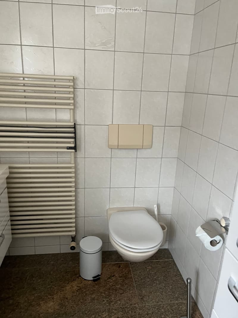 Modern bathroom with white tiled walls, a toilet, toilet paper holder, a small trash bin, and a radiator on the wall.