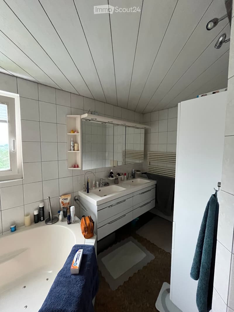 Modern bathroom with a double sink, large mirror, bathtub, and various toiletries. Features include a built-in cabinet, a towel rack, and a window providing natural light.