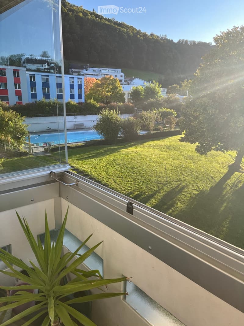 Balcony overlooking a large green lawn with a swimming pool, surrounded by trees and bushes.