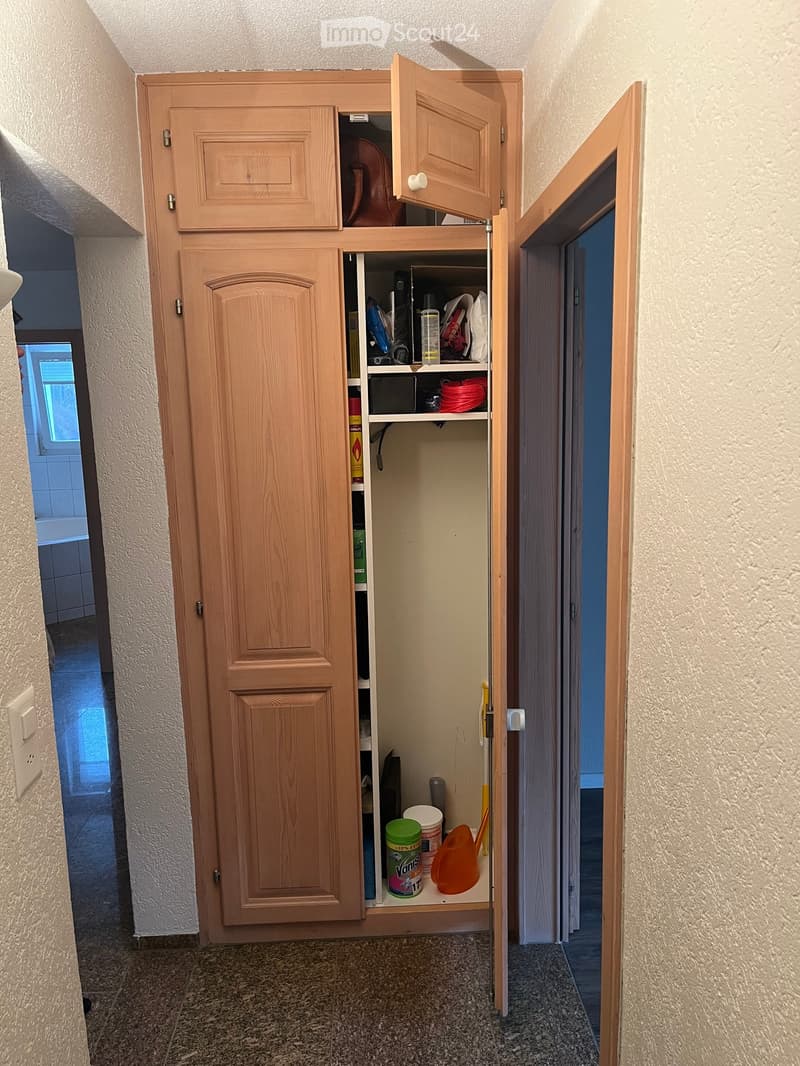 A hallway with a wooden storage cabinet, open doors revealing cleaning supplies and other items inside.