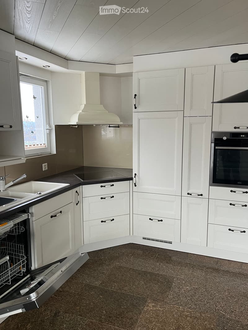 Modern kitchen with white cabinets, stainless steel appliances, and a dark countertop. Features include a sink with a faucet, an oven, a dishwasher, and a range hood.