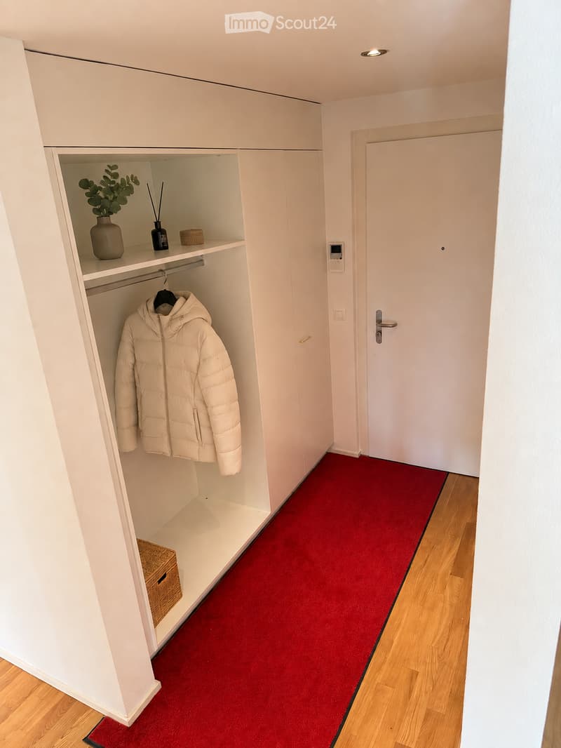 A narrow hallway with a red carpeted floor, white walls, and a built-in closet with shelves and hanging space. The closet contains a white puffer jacket, a small plant in a pot, and a few decorative items.