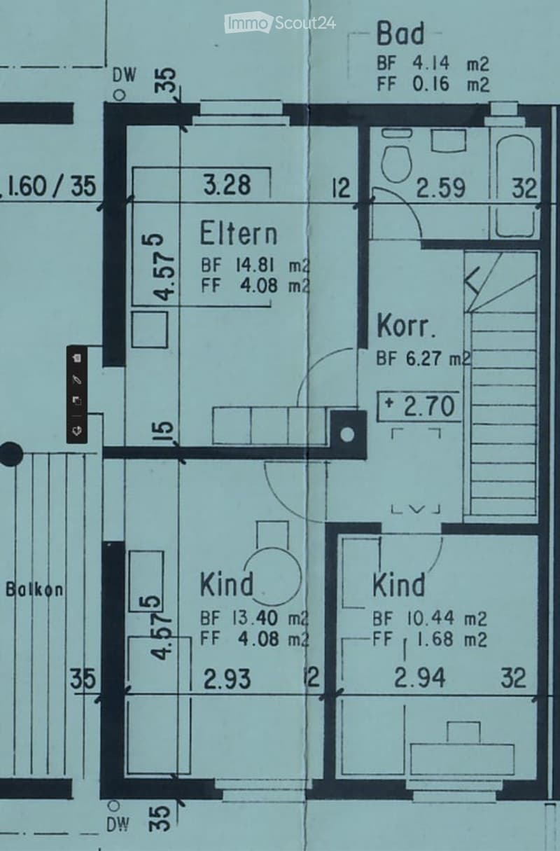Floor plan of a residential unit with two bedrooms, a bathroom, a hallway, and a balcony.