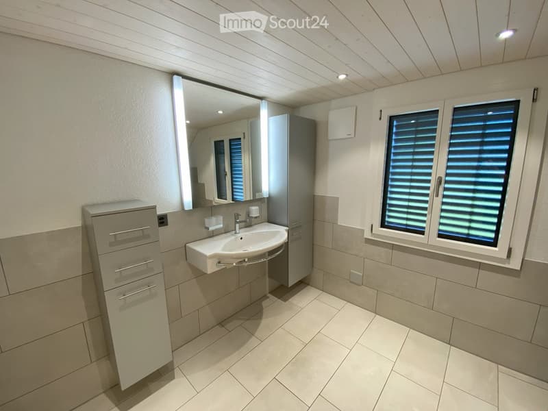 Modern bathroom with a white sink, mirrored cabinet, and built-in storage. Features recessed lighting and a window with blinds.
