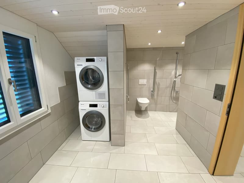Modern bathroom with a stacked washer and dryer unit, a toilet, and a walk-in shower area.