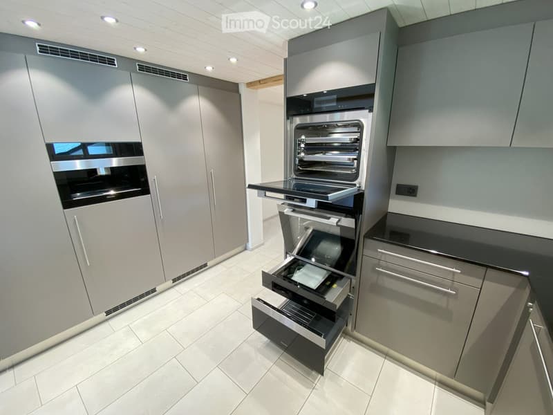 Modern kitchen with grey cabinets, built-in oven, and sleek design.