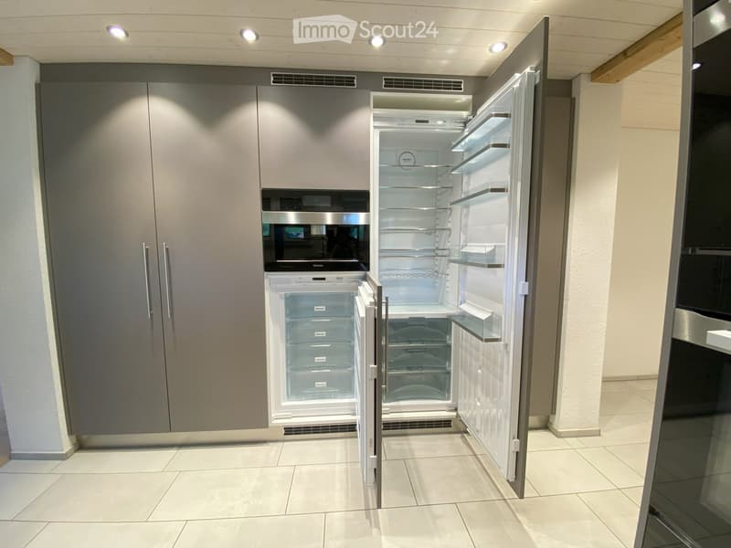 Modern kitchen with sleek, grey cabinetry, a built-in refrigerator, and an oven, all illuminated by recessed ceiling lights.