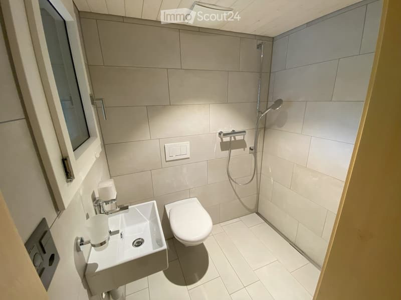 Modern, compact bathroom with a white tiled floor and walls, featuring a sink, toilet, and a shower with a handheld sprayer.
