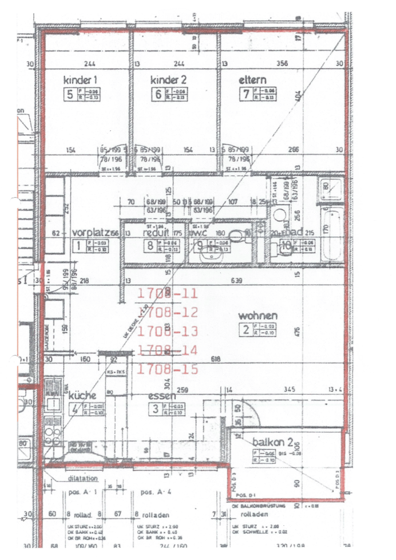 Floor plan showing multiple rooms including kitchen, dining area, living room, bedrooms, and a balcony.