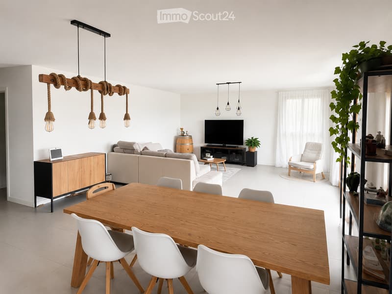 Modern living and dining area with white walls, light wood flooring, and contemporary furniture including a sofa, dining table with chairs, TV, and decorative items.