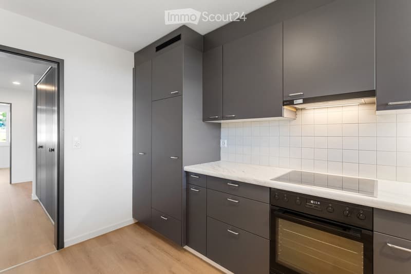 Modern kitchen with grey cabinets, white marble countertop, built-in oven, and stove. Wooden flooring and white tiled backsplash.