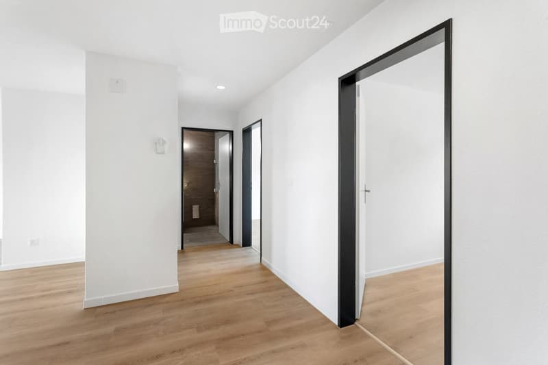 Bright, minimalist hallway with light wooden flooring, white walls, and recessed ceiling lighting. Features a large black-framed mirror on the right and a wooden door at the end.