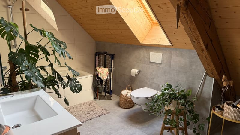 Modern bathroom with a large sink, toilet, bathtub, and wooden stool. Features include a skylight, grey tiled walls, and decorative plants.