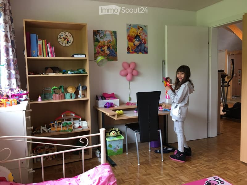 desk, chair, shelf, storage box, toy house, lamp, balloon, children's bed, girl