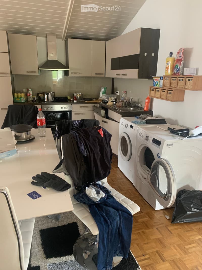 kitchen with dining table, washing machine, dishwasher, cabinets, sink, stove, oven, fridge