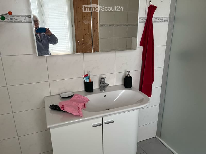 Bathroom with sink, mirror, cabinet, and shower enclosure. White tiles, shower area, red towel, and cleaning items.