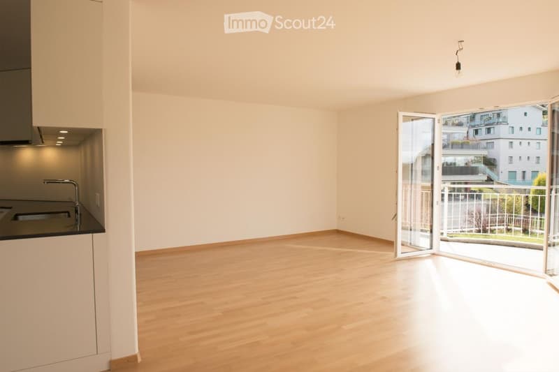 Empty room with light wooden flooring, white walls, and a small kitchen area with a sink and faucet. A sliding glass door opens to a balcony with a view of the city.