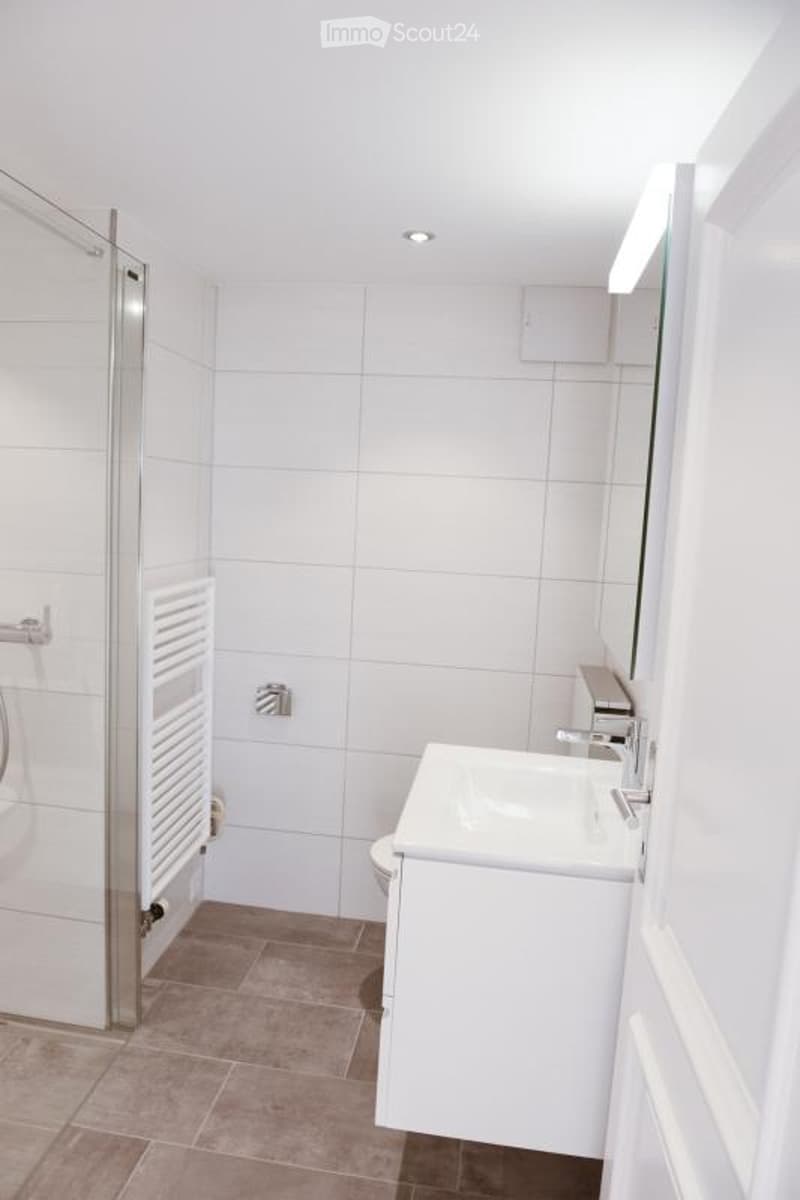 Modern bathroom with white tiles, a glass-enclosed shower, a white sink with a modern faucet, a mirror, and a radiator.