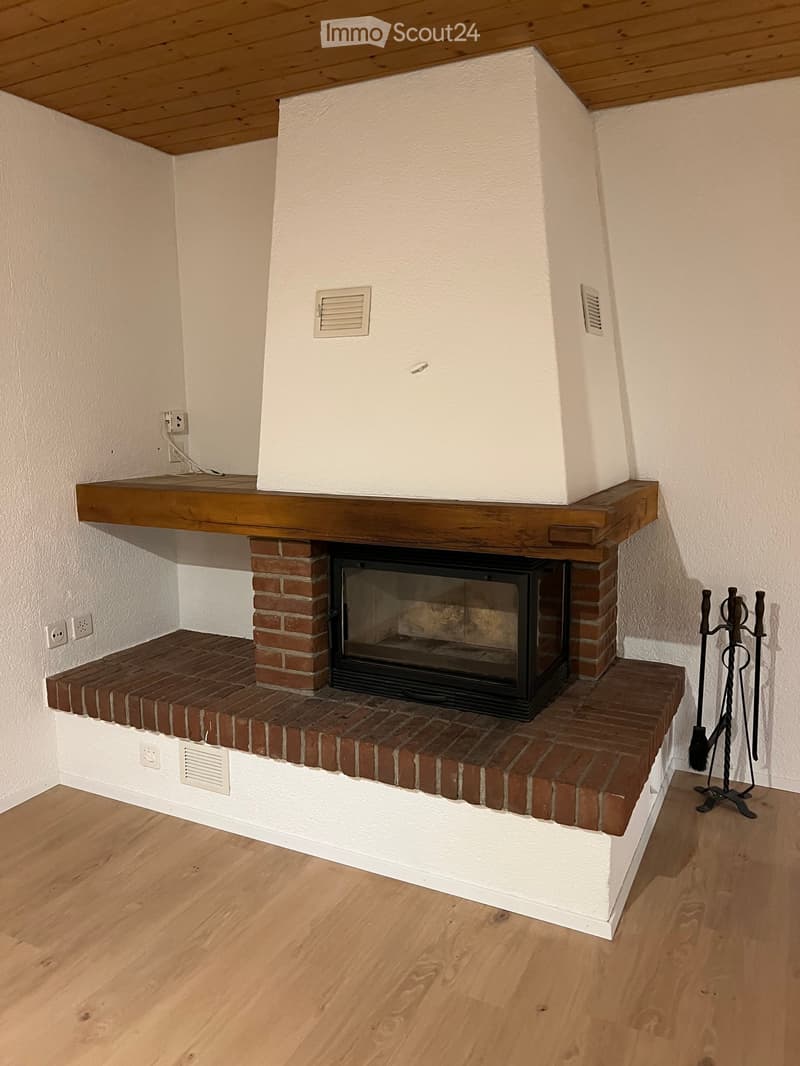 Corner fireplace with brick surround, wooden mantel, and fireplace tools nearby.