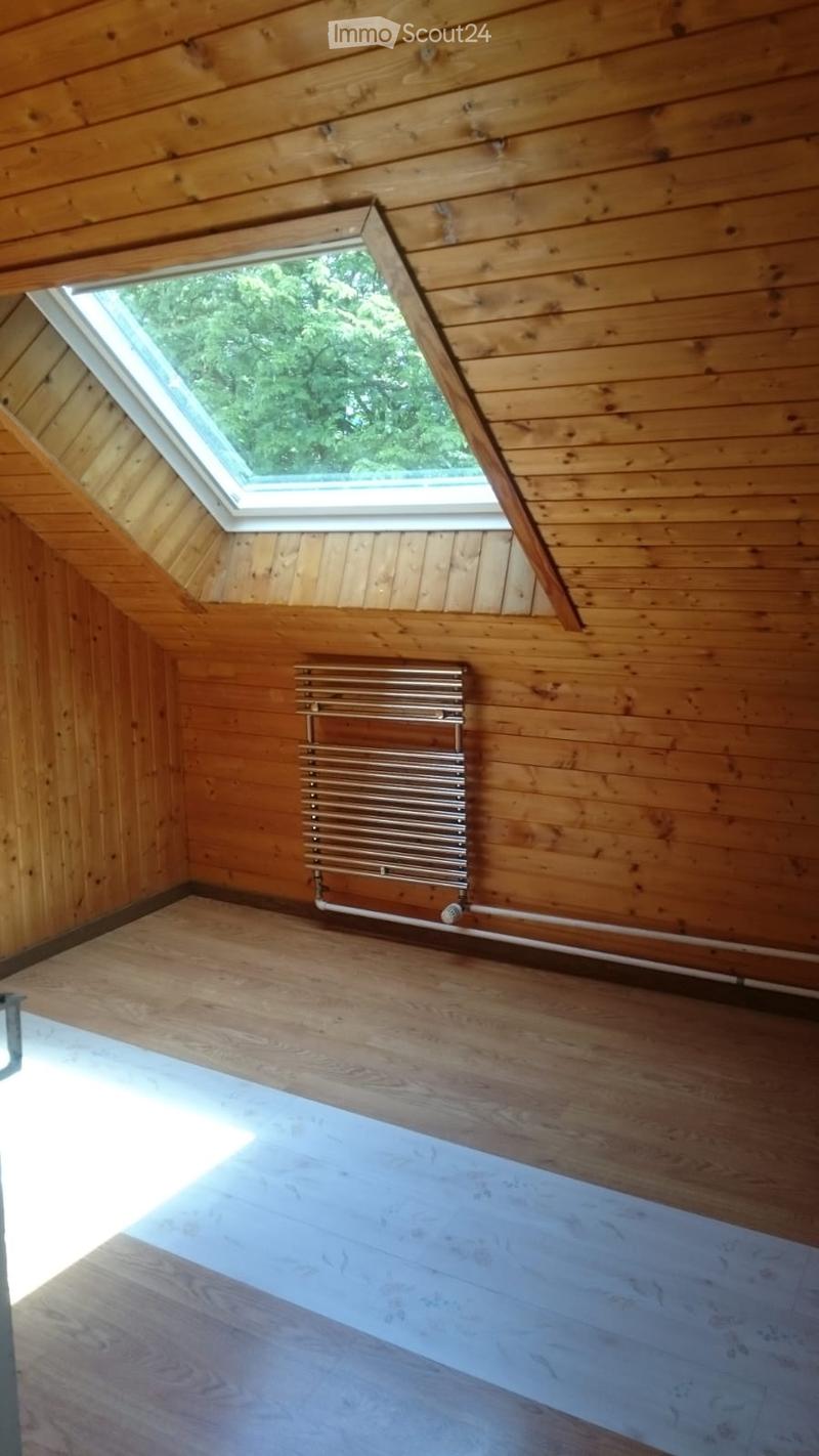 Empty attic space with wooden walls and ceiling, skylight window, and a radiator.