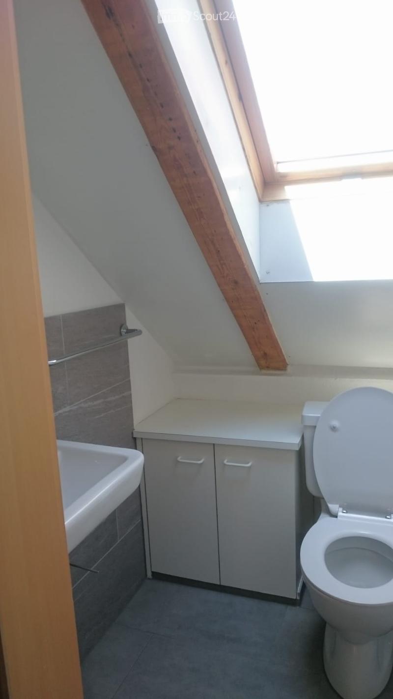Small, modern bathroom with a toilet, sink, and built-in cabinet. The room features grey tiles and a skylight window.