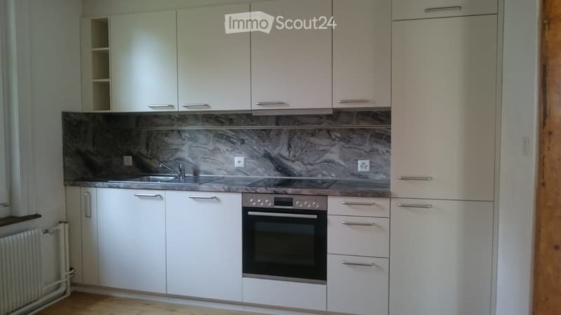 Modern kitchen with white cabinets, marble backsplash, stainless steel sink, and built-in oven.