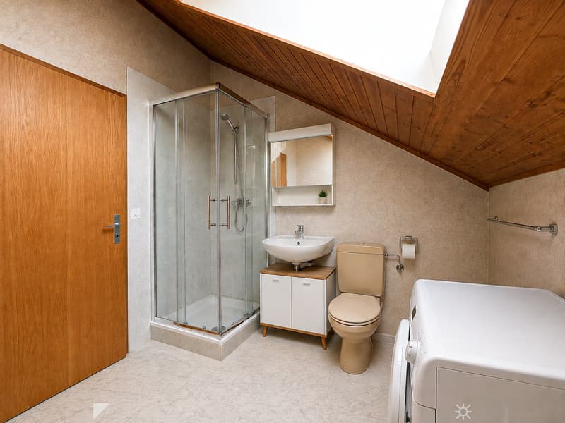 Modern bathroom with a glass-enclosed shower, a white sink on a wooden cabinet, a beige toilet, a white bathtub, and a small plant on the mirror shelf.