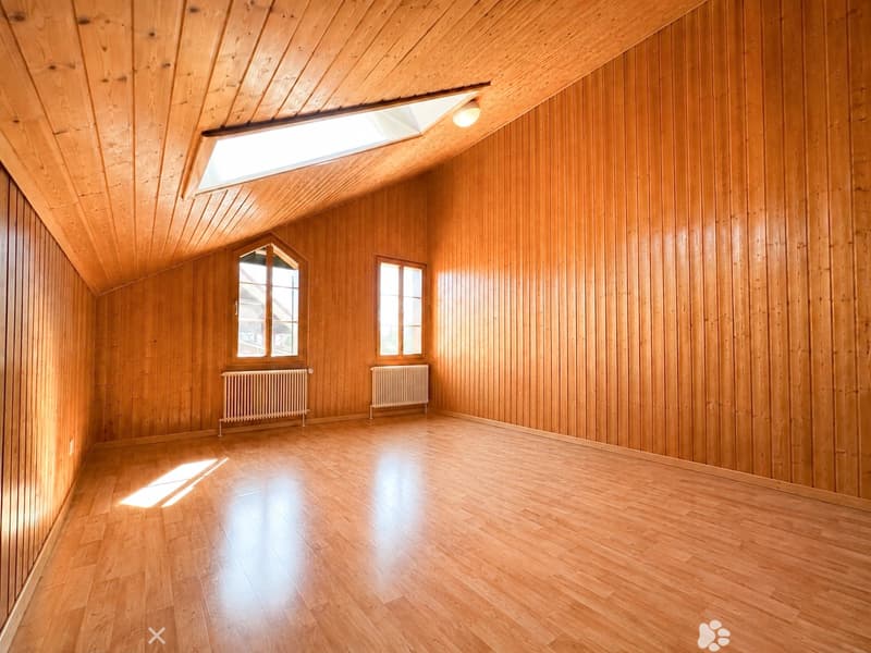 Empty room with wooden walls, wooden floor, skylight, and two windows with radiators below them.