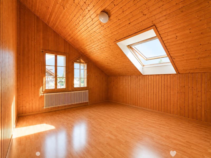Empty attic room with wooden walls, ceiling, and floor, featuring large windows and a skylight, with a radiator below one window.