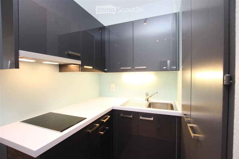 Modern kitchen with sleek black cabinets, white countertops, an induction stove, and a stainless steel sink with a modern faucet.