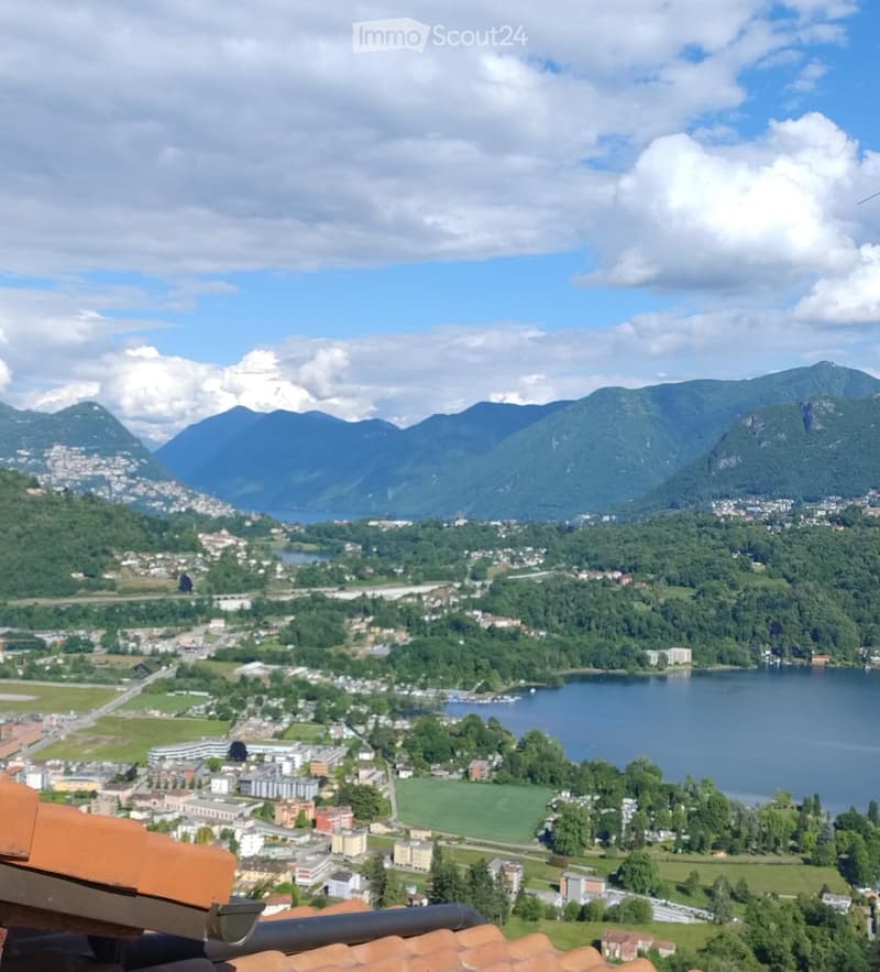 Panoramic view of a town with a lake, surrounded by mountains and greenery under a partly cloudy sky.