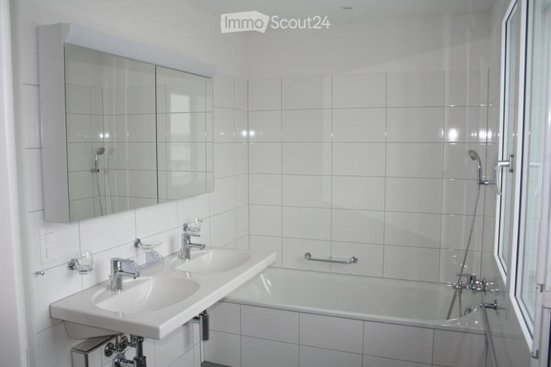 modern bathroom with white tiles, double sink, bathtub, mirror, shower