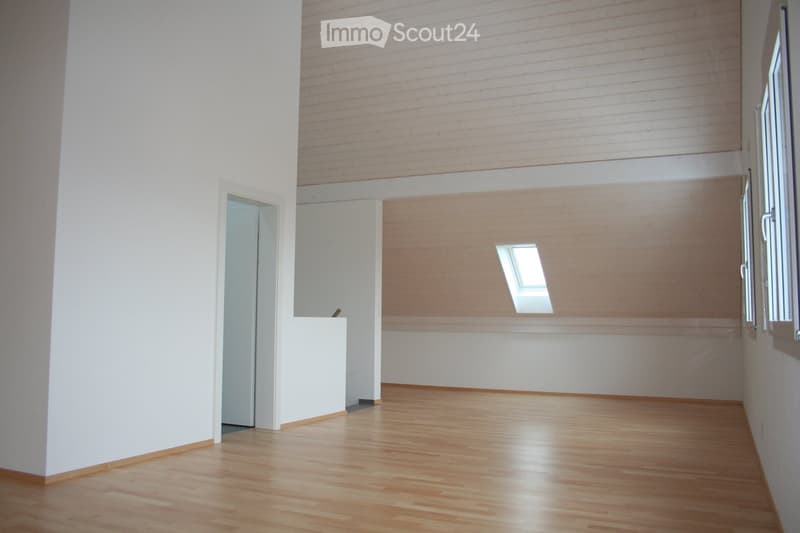 Empty room with wooden flooring, white walls, and large windows, including a skylight and a doorway.