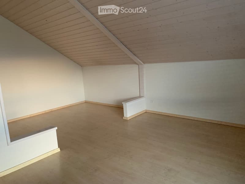 Empty room with wooden flooring, white walls, and a slanted wooden ceiling. No furniture or equipment present.