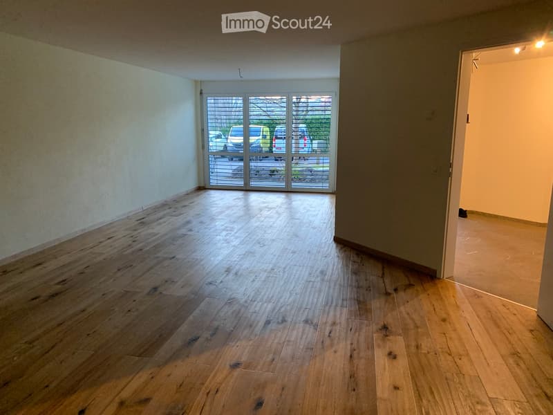 Empty room with wooden flooring, large glass door leading to outdoor area, and visible light fixtures.