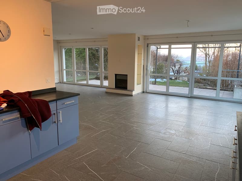 Modern kitchen with blue cabinets, stone tile flooring, large glass doors leading to outdoor area, and a fireplace.