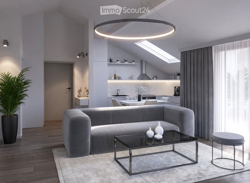 Modern living room with grey sectional sofa, glass coffee table, grey stool, sleek kitchen area with island, and large windows with grey curtains.